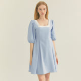 カラーウェイスクエアネックパフドレス / Colourway Square Neck Puff Dress (Blue)
