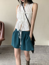 リウムプリーツシャーリングストリングノースリーブブラウス / Leeum pleated shirring string sleeveless blouse