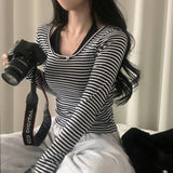 [Sleeveless ONLY] Milk Halter Sleeveless + Streep Dangara Off-Shoulder Long-Sleeved T-shirt Set up