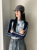 シマナグランストラップカラーコンビネーションクロップドフードTシャツ