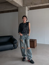 (UNISEX) ダメージチェッカーワイド デニム