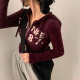 [Two-way/Winter item!] Nine-off Angora Lettering Two-way Cropped Knitwear Zip-up Hoodie - 3 colors
