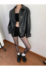 Collar boxy round leather jacket