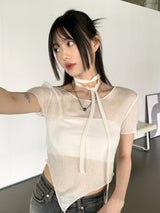 ティルダスカーフシースルー斜めクロップ半袖Tシャツセット / 【SET】Tilda Scarf See-Through Diagonal Crop Short Sleeve T-Shirt Set