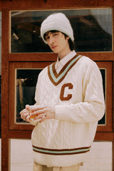 ブラウンCワッペン ミントラインVネックニット・アイボリー［ユニセックス］/ Brown C Patch Mint Line Ivory Unisex V-Neck 