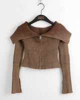 Elfu Gradient Two-Tone Off-Shoulder V-Neck Two-Way Long-Sleeved Knitwear Zip-Up