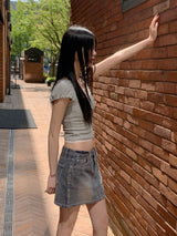 リフェットシャーリングリボンレースボタンキャップスリーブクロップド半袖Tシャツ / Rifet Shirring Ribbon Lace Button Cap Sleeve Cropped Short-Sleeved T-Shirt