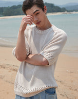 オーバーサイズ フィッシュネット ディテール SS スウェット / OVERSIZED FISHNET DETAIL SS SWEATER IVORY