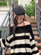 Dolche Boxy Striped Off-Shoulder Long-Sleeved Knitwear