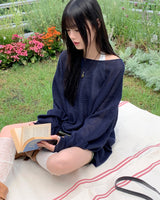 Rerfen boat-neck net loose fit long-sleeved knitwear