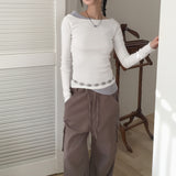 Chiss shirring layered diagonal off-shoulder long sleeve t-shirt