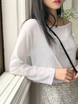 リードリネンボートネックビーチウェアクロップド長袖Tシャツ / Reid linen boat neck beach wear cropped long-sleeved T-shirt