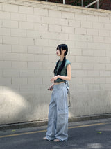ビソップサマーフードファブリックワイドカーゴデニムパンツ / Bisopp Summer Hooded Fabric Wide Cargo Denim Pants