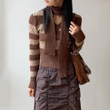 [Muffler set] Prina V-neck angora color combination striped crop long sleeve knit