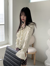 ブルダスプリングラッフルアイレットストラップ長袖ブラウス/Vulda Spring Ruffle Eyelet Strap Long Sleeve Blouse