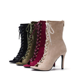 Suede Lace-Up Open Toe Heel(Burgundy)