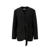 Belted no collar jacket - Black (6674900254838)