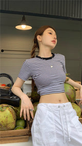 ストライプバックレスショートスリーブトップ