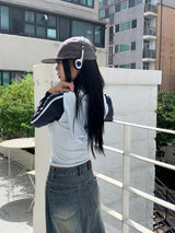 シマナグランストラップカラーコンビネーションクロップドフードTシャツ