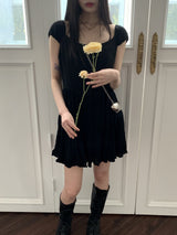 ウィロンシフォンキャップスリーブボタンプリーツフレアミニワンピース / Willon Chiffon Cap Sleeve Button Pleated Flare Mini One Piece