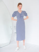 SHIRRING DETAIL MIDI ONEPIECE_NAVY (6580077035638)