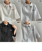 バター刺繍セミジップアップショートスリーブTシャツ / Butter embroidery semi zip-up short-sleeved T-shirt