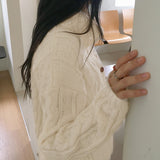 Robe collar high-neck loose fit twist knit long sleeve cardigan