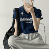 デノカラードラインカラークロップドショートスリーブTシャツ / deno colored line collar cropped short sleeve T-shirt