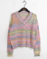 Kerner V-neck rainbow gradation punching long-sleeve knitwear