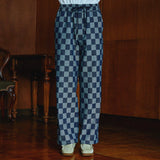 Big checkerboard wide denim banding pants (6622557864054)
