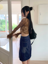 Sopop lace strap see-through flower cropped long-sleeved cardigan