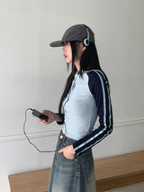 シマナグランストラップカラーコンビネーションクロップドフードTシャツ