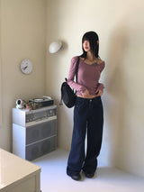GtelヴィンテージストライプディープUネック長袖Tシャツ