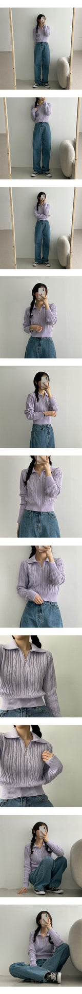 ビーズツイストパターンカラーハーフジップアップニットウェア / Bead Twisted Doughnut Patterned Collar Half Zip-up Knitwear