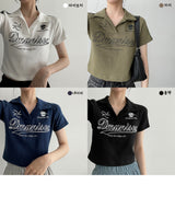 デノカラードラインカラークロップドショートスリーブTシャツ / deno colored line collar cropped short sleeve T-shirt