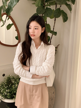 [S-L] Vネックケーブルコットンニット (11color)