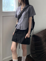 バオポケットVネックオープンカラークロップド半袖シャツ / Bao pocket V-neck open collar cropped short-sleeved shirt