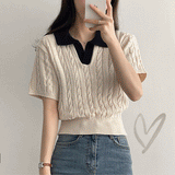 カラーリングカラーツイストクロップドショートスリーブニットウェア / colouring collar twist cropped short-sleeved knitwear