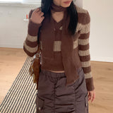 [Muffler set] Prina V-neck angora color combination striped crop long sleeve knit