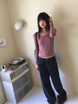 GtelヴィンテージストライプディープUネック長袖Tシャツ