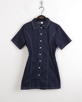 ウェディーンデニムステッチシャツ半袖ミニワンピース / Wadeen Denim Stitch Shirt Short Sleeve Mini One Piece