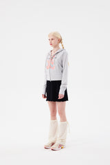 WITTY BUNNY SPLIT GRAPHIC CROP HOODIE ZIP UP [MELANGE GRAY]