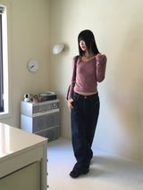 GtelヴィンテージストライプディープUネック長袖Tシャツ