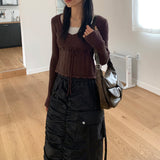 Naki ヴィンテージ Vネック リボンストラップ パンチングリブクロップロングスリーブニット