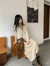 タイプスモーキングロングドレス長袖カーディガンセット / [2 SET] Type Smoking Long Dress Long-Sleeved Cardigan Set