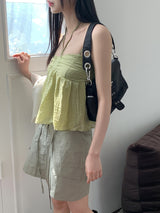 リンティーシフォンリネンフレアホルターリボンストラップノースリーブ / Linty chiffon linen flare holter ribbon strap sleeveless