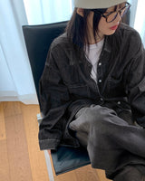 ポニットブラックデニムスティッチオーバーサイズフィットデニムシャツ