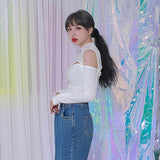 ジッパーショルダーメッシュクロップTシャツ/TOP(8304) Zipper Shoulder Mesh Crop Tee