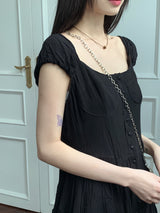 ウィロンシフォンキャップスリーブボタンプリーツフレアミニワンピース / Willon Chiffon Cap Sleeve Button Pleated Flare Mini One Piece