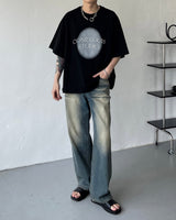スプレープリントエンブロイダリーショートスリーブTシャツ